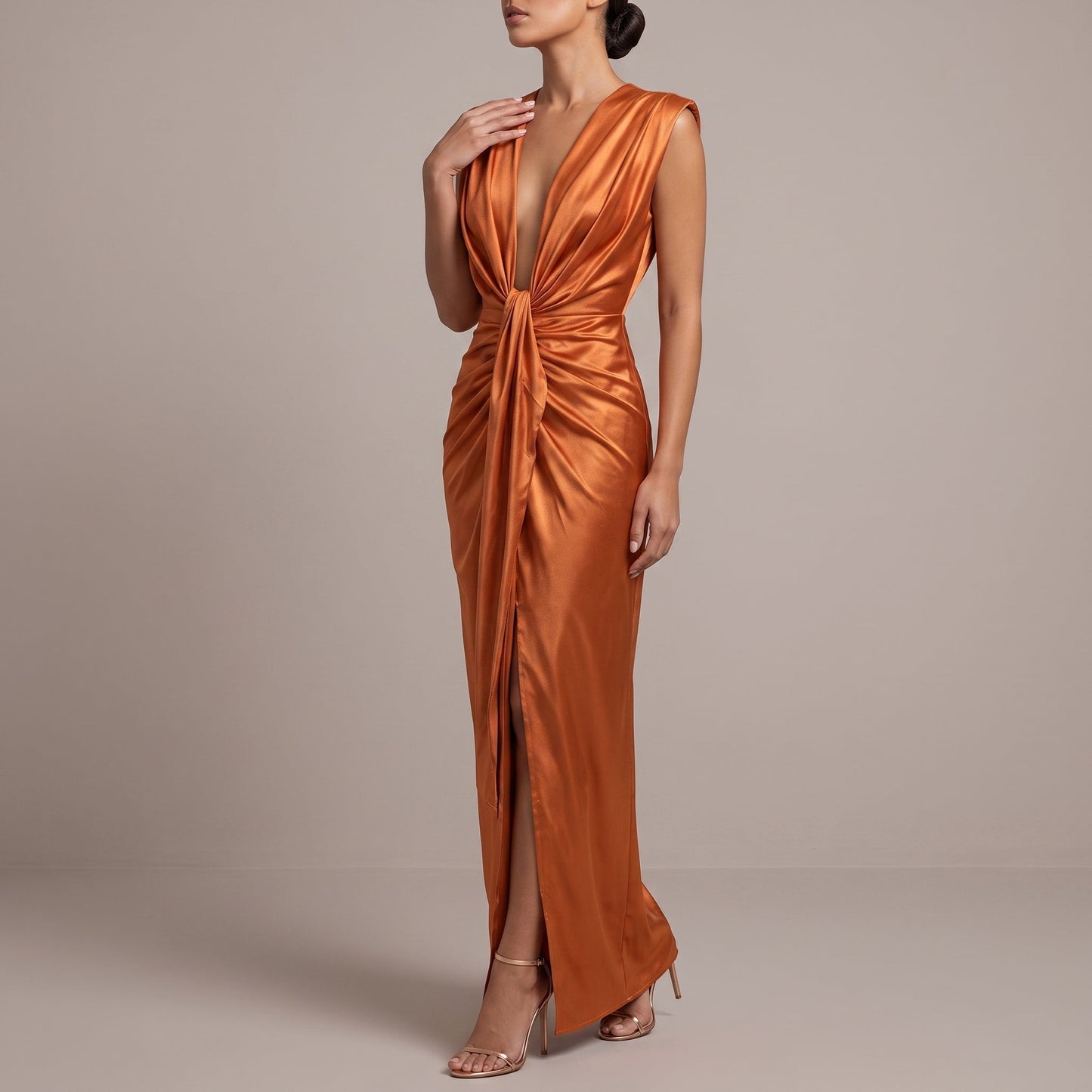 Elegant Ruched Fall Wedding Guest Dress for Women with Plunge V Neck Sleeveless Front Slit Style