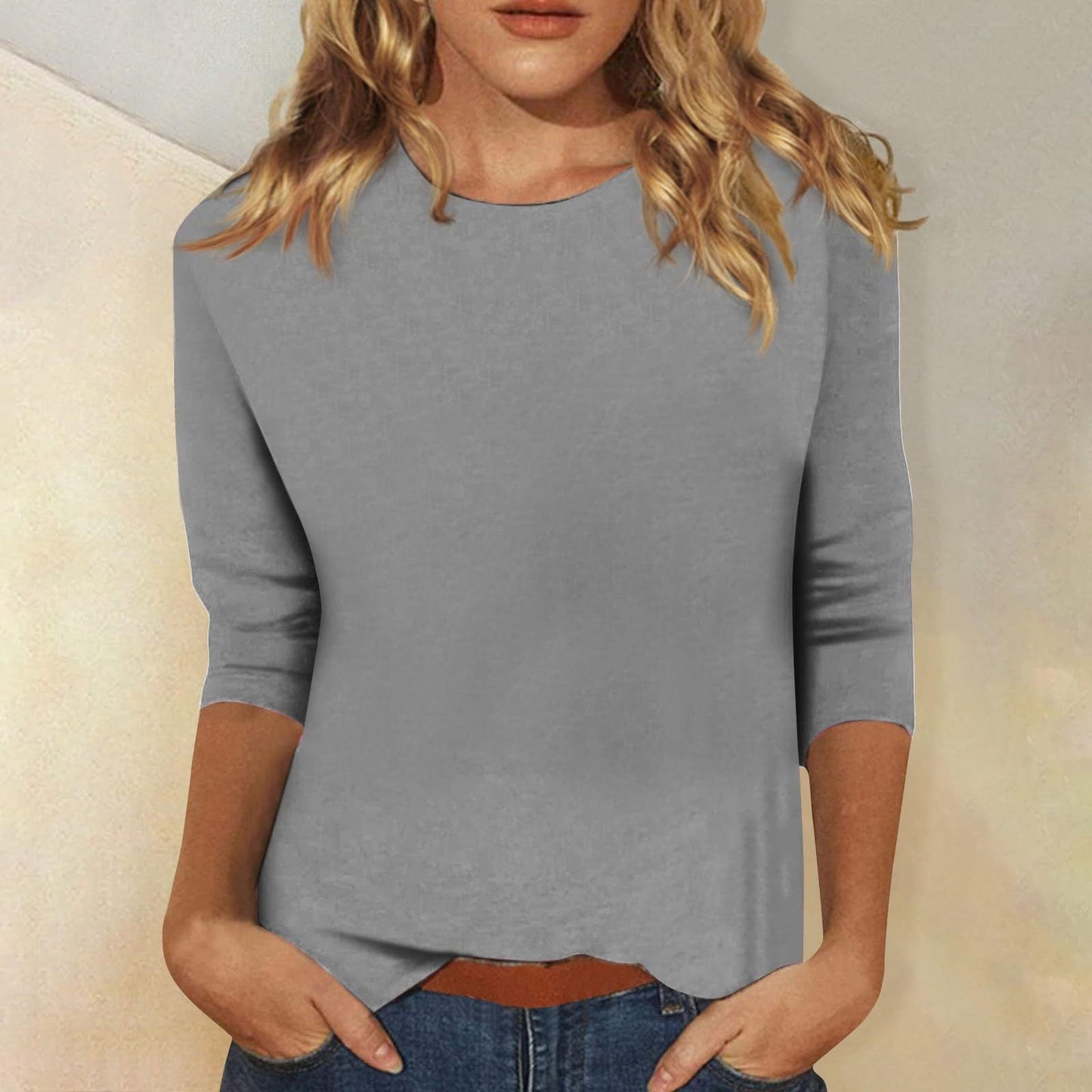 Comfortable Round Neck Blouses for Women with Elbow Sleeve Relaxed Soft Knit Casual Style