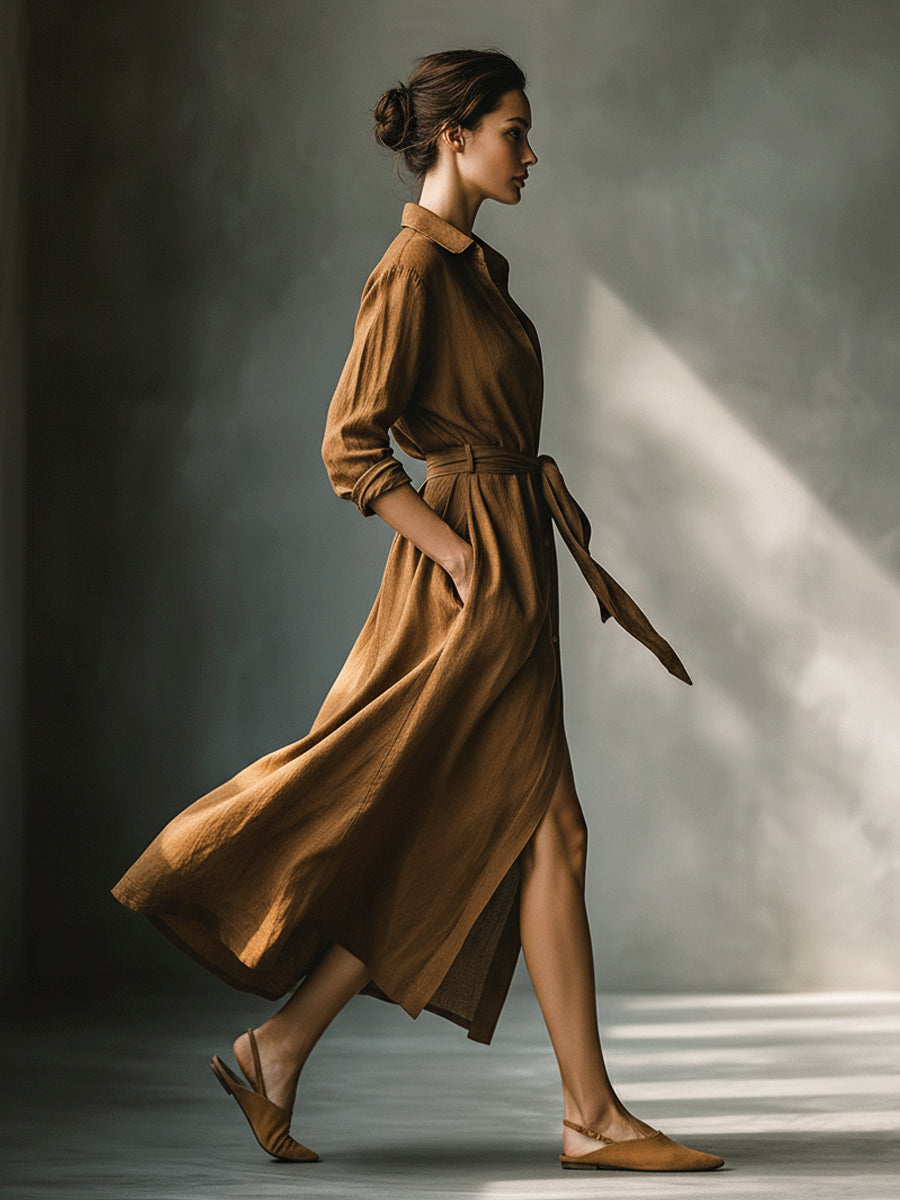 Effortless Brown Shirt Dress for Women with Collar V Neck Tie Waist Long Sleeve Linen Casual Maxi Style
