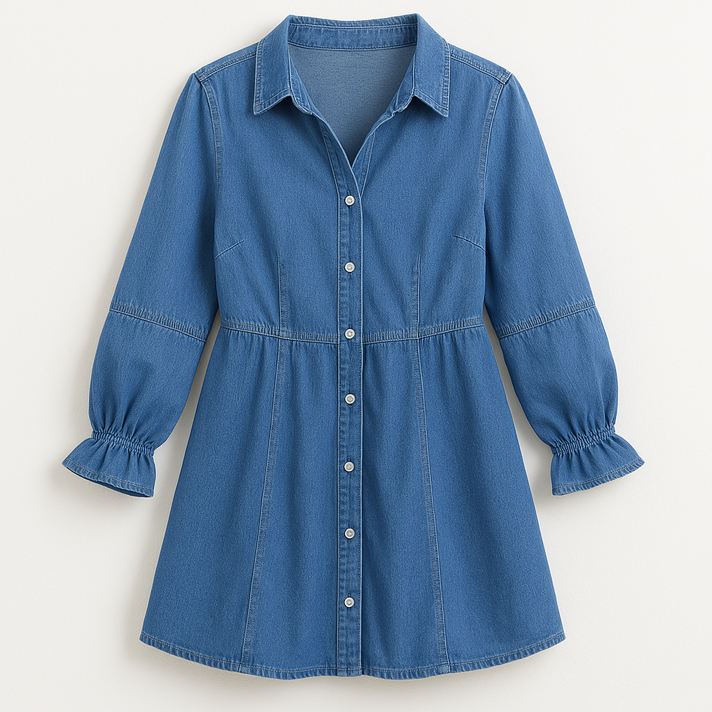 Effortless Denim Dress for Women with Collar Long Sleeve Button Front Mini Ruffle Cuff Casual Style