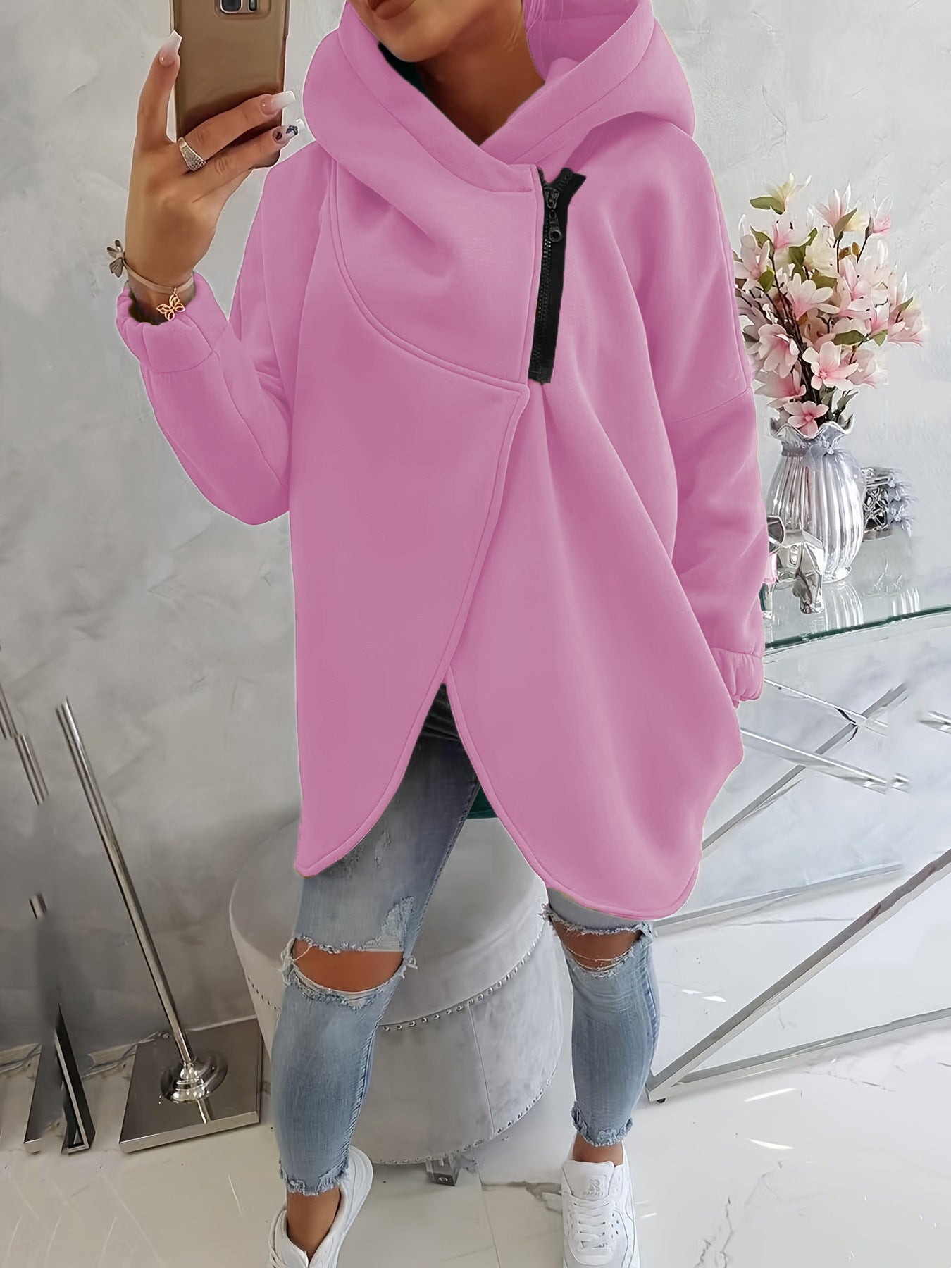 Effortless Fleece Hoodie for Women with Cowl Neck Long Sleeve Asymmetric Tulip Hem Relaxed Style