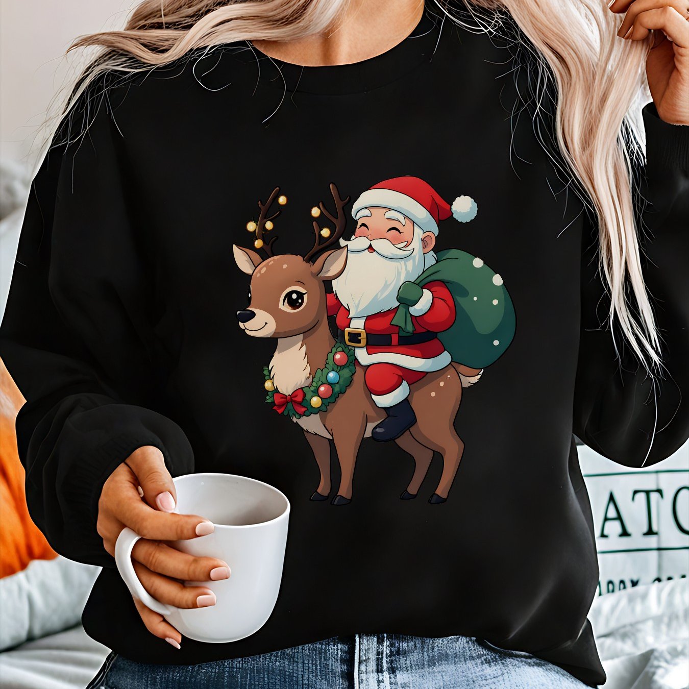 Cozy Graphic Christmas Tacky Sweater for Women with Crew Neck Long Sleeve Santa Reindeer Print Pullover Style