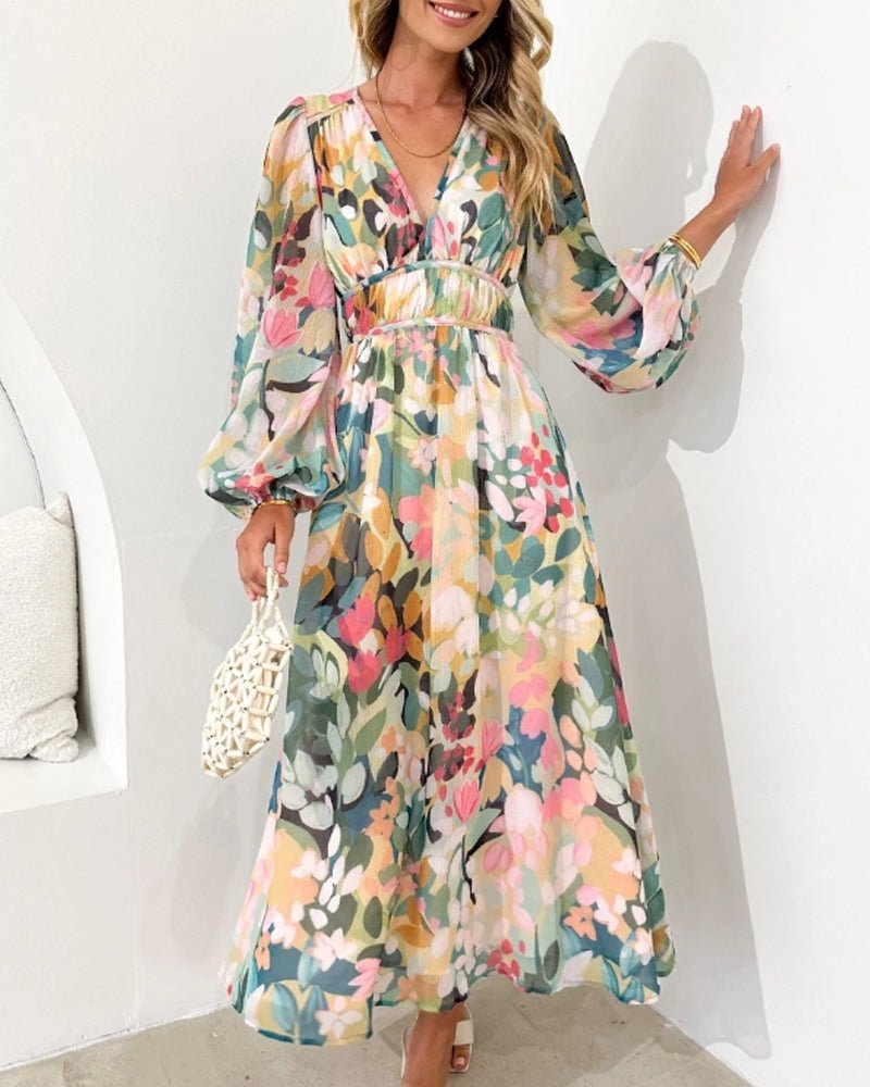 Elegant Wedding Guest Dress for Women with V Neck Long Sleeve Floral Belted Midi Style