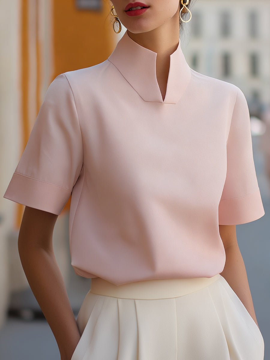 Elegant Blouse for Women with Mandarin Collar Short Sleeve Relaxed Formal Style