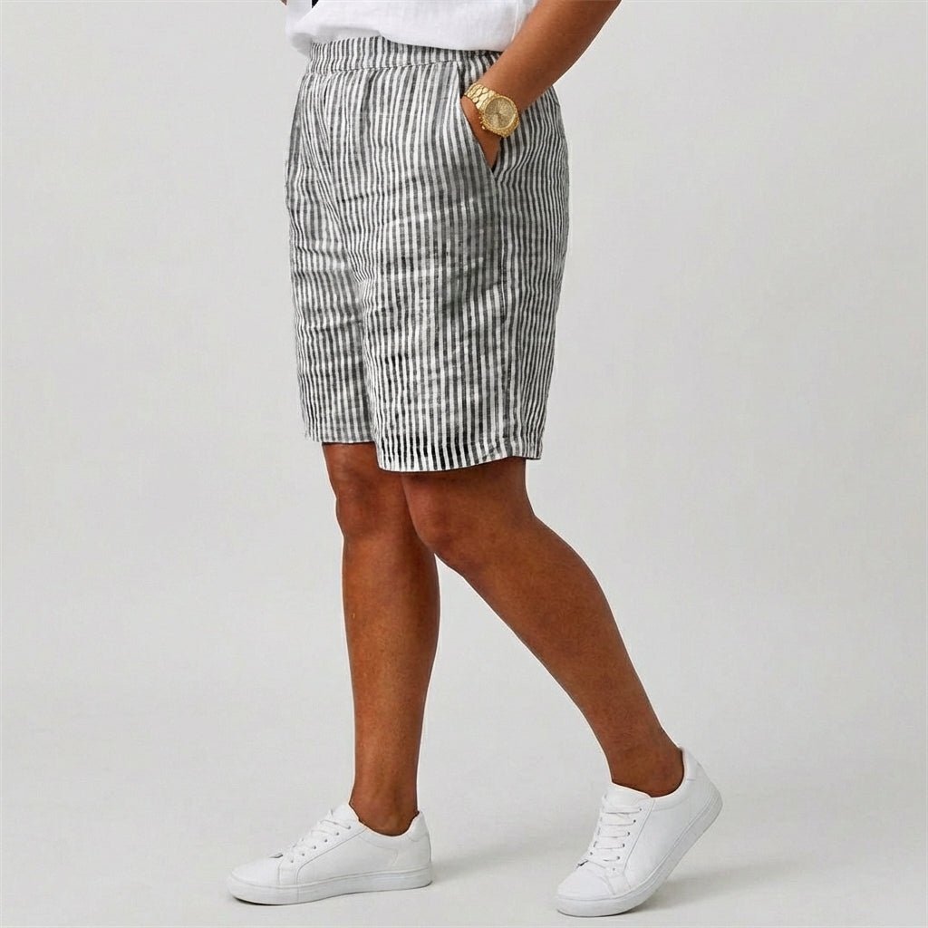 Effortless Striped Linen Bermuda Shorts for Women with High Waist Elastic Relaxed Casual Style