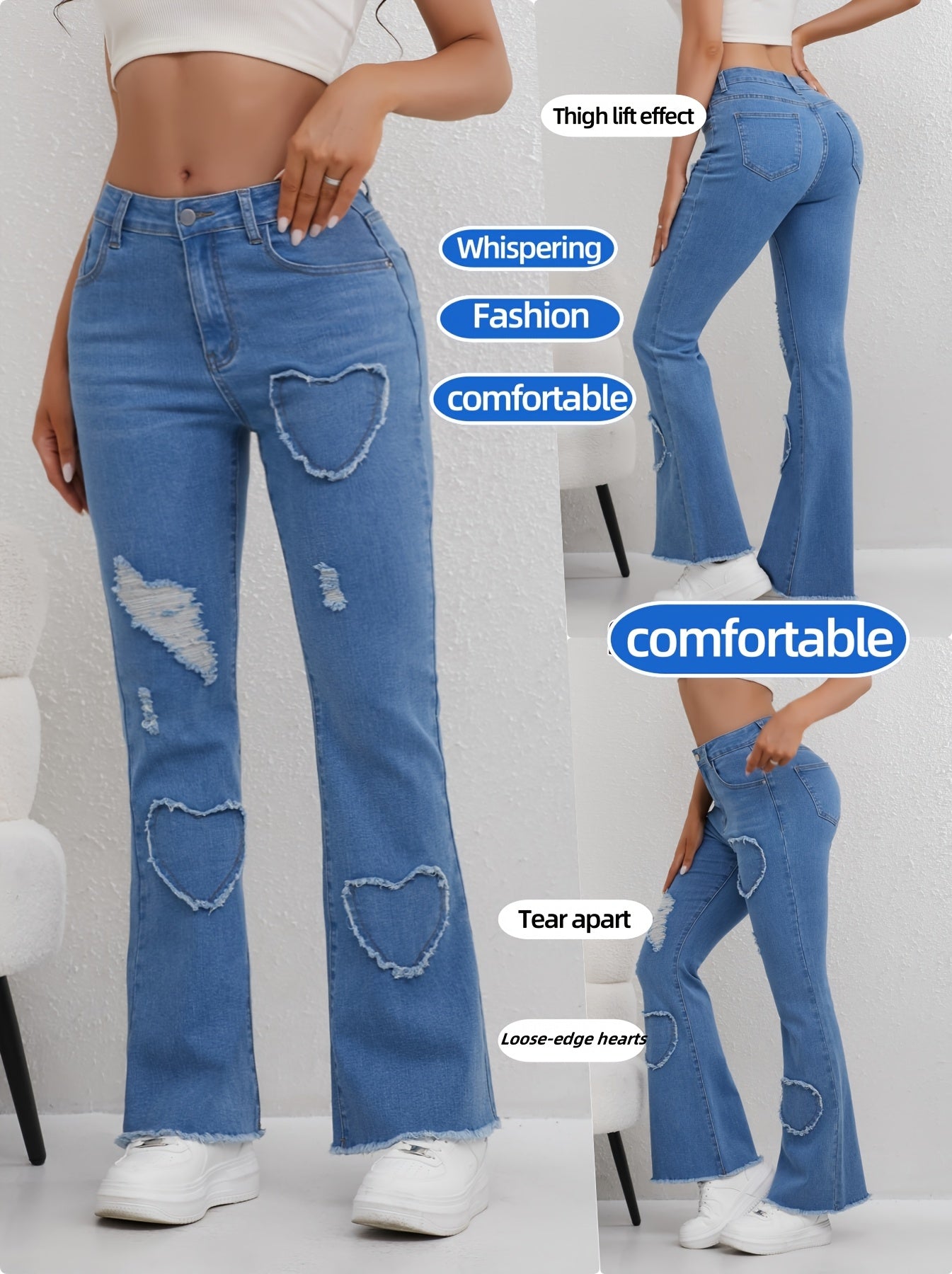 Effortless Light Blue Distressed Flare Jeans for Women with High Waist Heart Patch Frayed Hem Casual Style