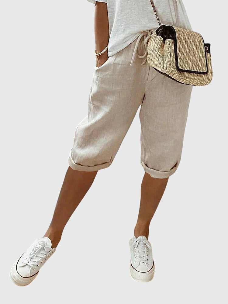 Effortless Khaki Linen Capri Pants for Women with Elastic Drawstring Waist Cuffed Hem Pocket Casual Style