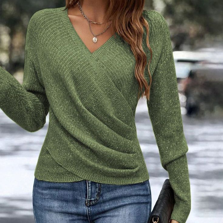 Comfortable Ribbed Knit Sweater for Women with V Neck Long Sleeve Wrap Front Relaxed Style