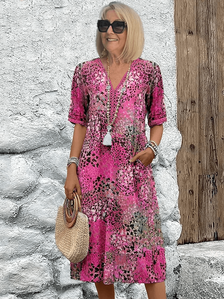 Effortless Pink Dress for Women with V Neck Short Sleeve Relaxed Flowing Bohemian Style