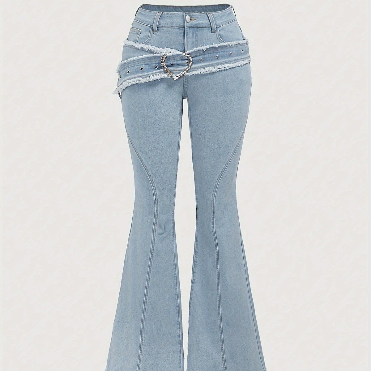 Elegant Light Blue Denim Buckle Jeans for Women with Heart Buckle Frayed Belt Western Style