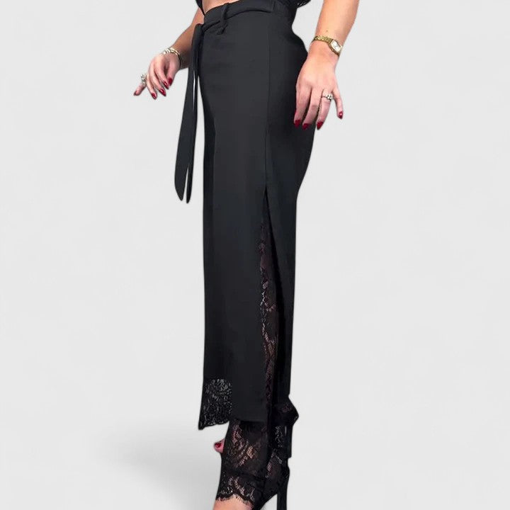 Elegant Black Wide Leg Pants for Women with High Waist Lace Trim Belted Slit Flowing Style