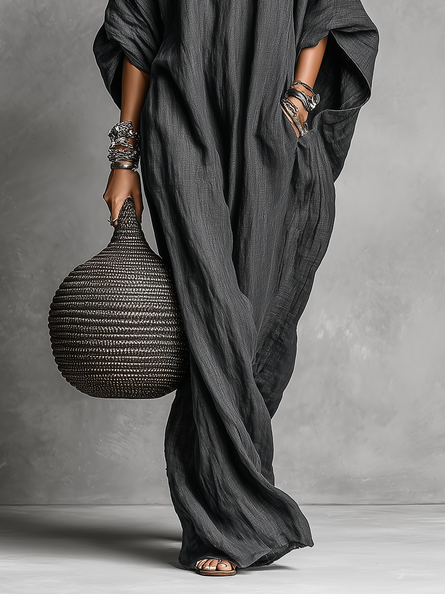 Effortless Gray Maxi Dress for Women with Batwing Sleeve Round Neck Oversized Linen Loose Casual Style