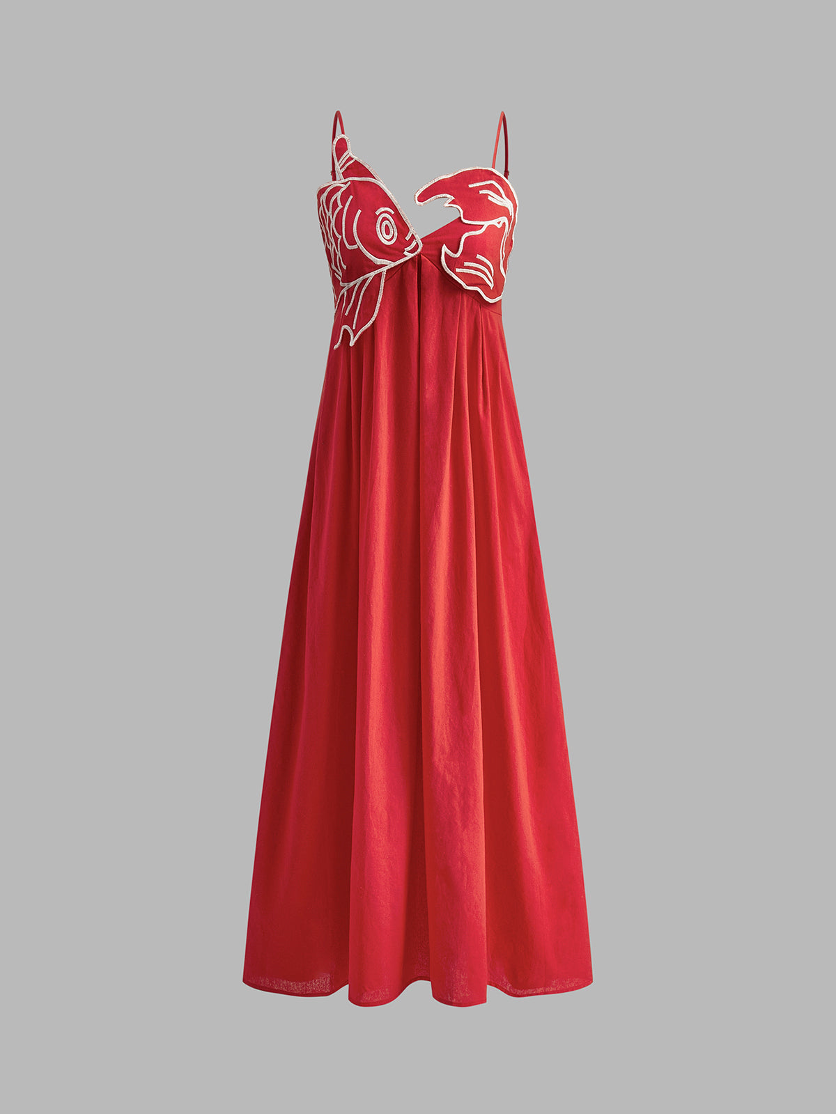 Elegant Embroidered Silk Dress for Women with V Neck Spaghetti Strap Pleated Flowing Maxi Style