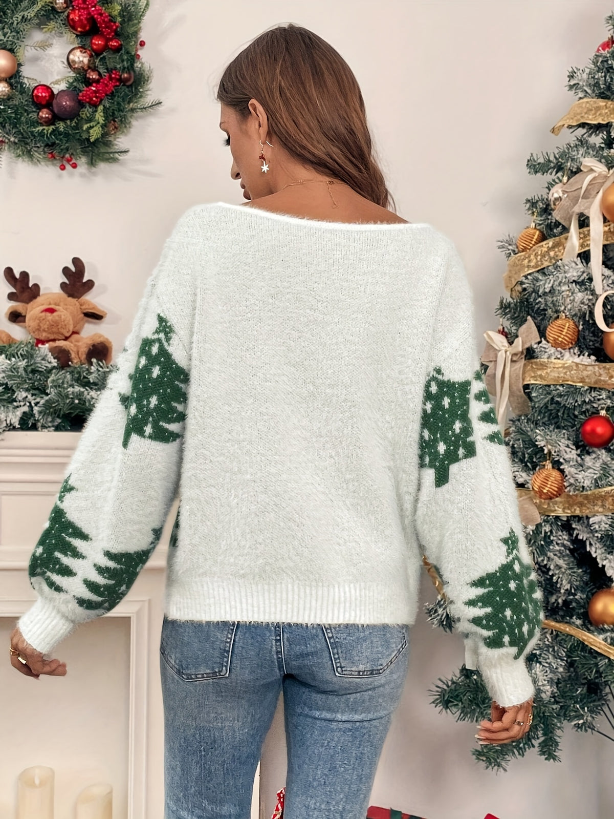 Cozy White Christmas Tree Tacky Sweater for Women with Boat Neck Long Sleeve Fuzzy Knit Holiday Style