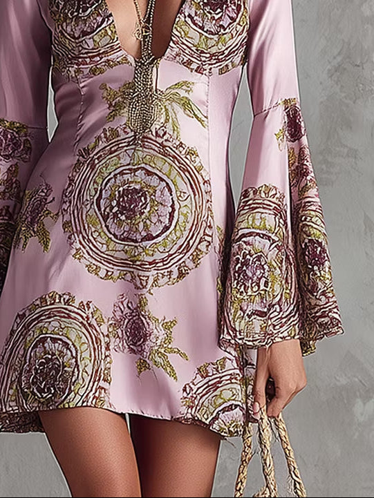 Elegant Pink Mini Dress for Women with Deep V Neck Flare Sleeve Totem Print