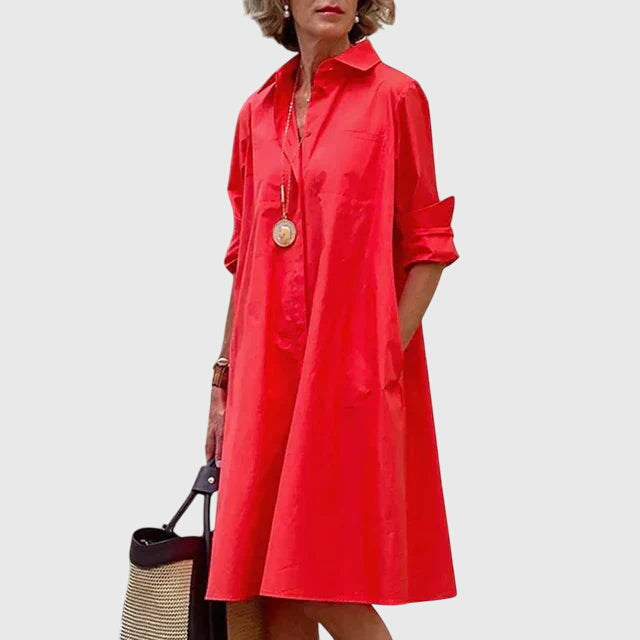 Effortless Red Shirt Dress for Women with Collar Button Front Elbow Sleeve Pockets Casual Style
