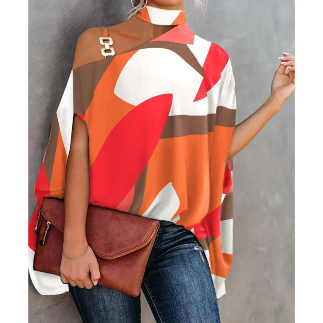Effortless Tunic Top for Women with Turtleneck Batwing Sleeve Printed Relaxed Style