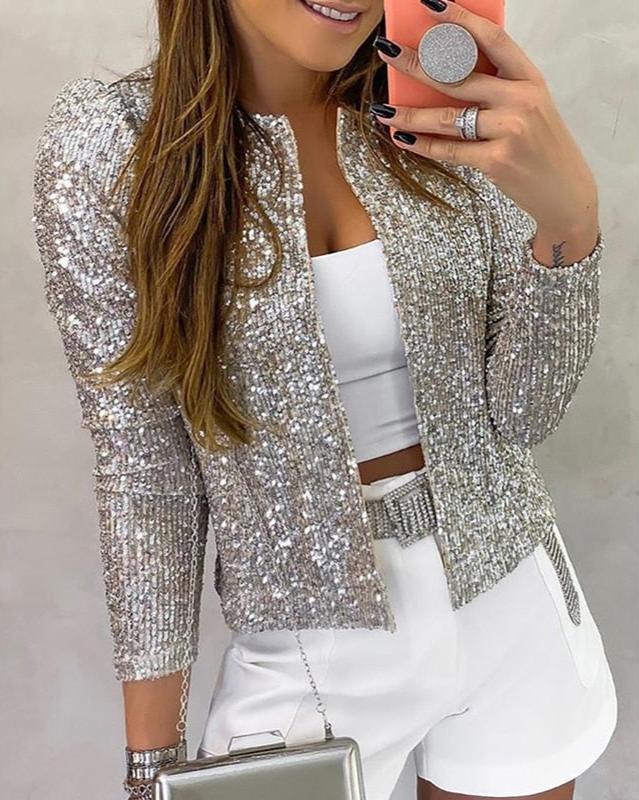 Elegant Sequin Cropped Blazer for Women with Collarless Long Sleeve Open Front Sparkle Party Style