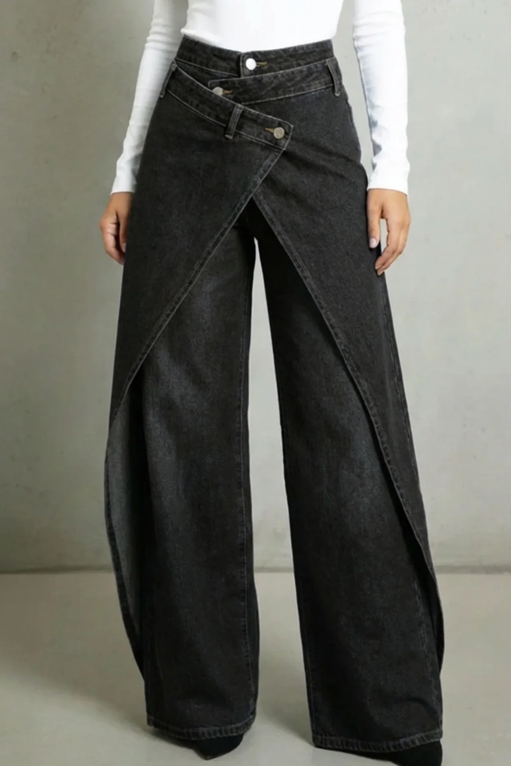 Effortless Wrap Front High Waisted Jeans for Women with Crossover Panel Wide Leg Relaxed Style
