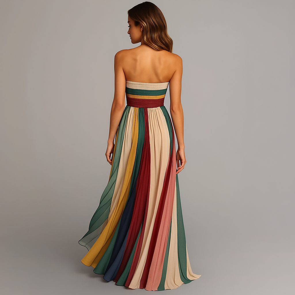 Elegant Multicolor Striped Maxi Dress for Women with Strapless Pleated Skirt Formal Wedding Guest Style