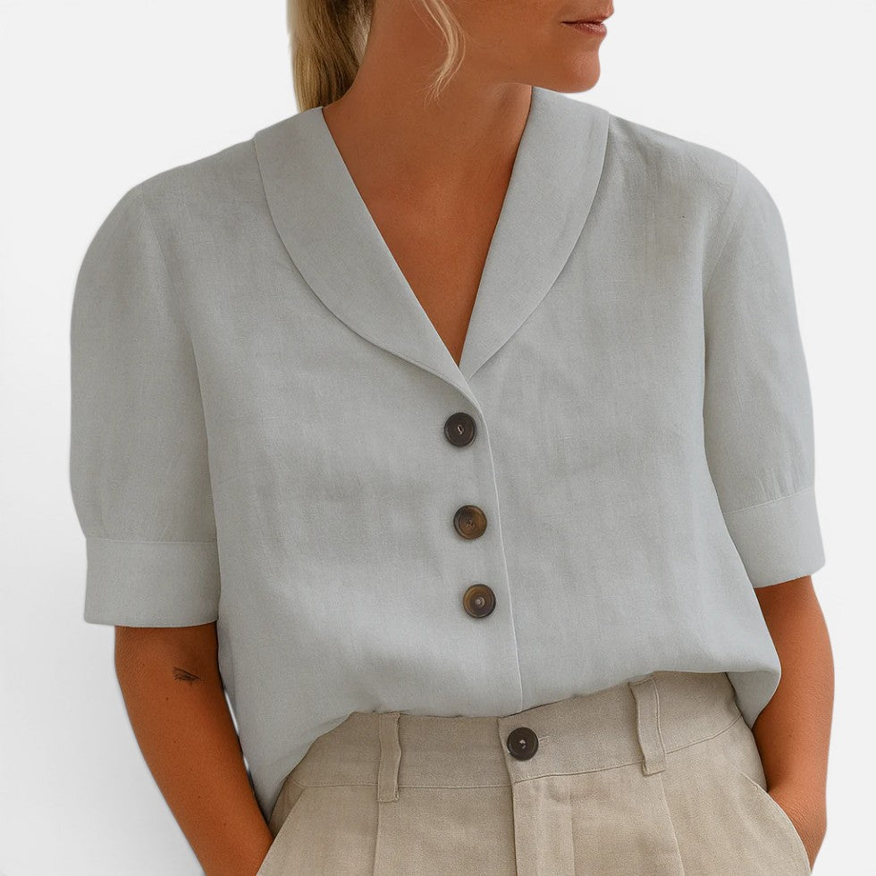 Refined Button Front Blouse for Women with Shawl Collar Short Sleeve Linen Tailored Style