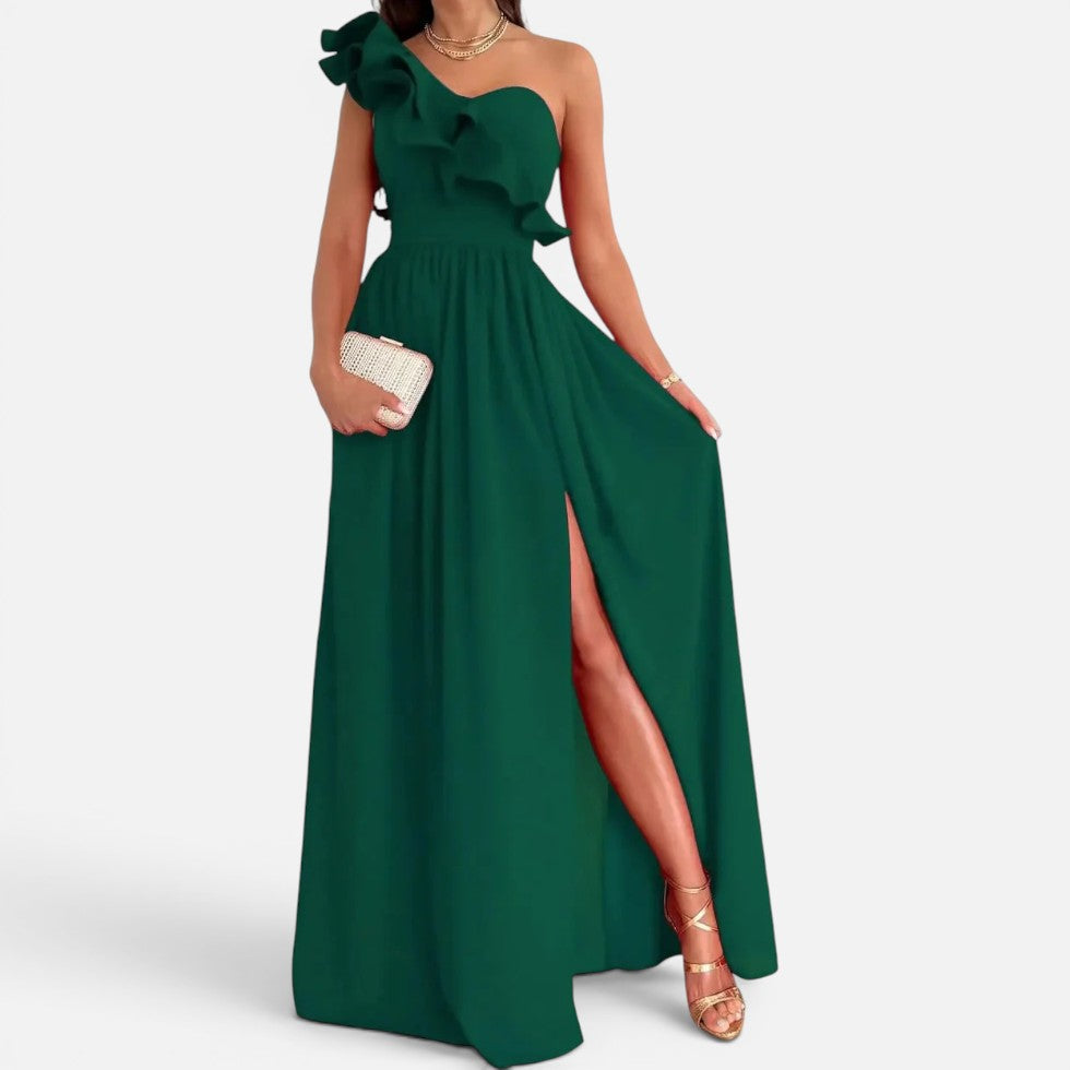 Elegant Chiffon Cocktail Dress for Women with One Shoulder Ruffle Trim High Slit Flowing Style
