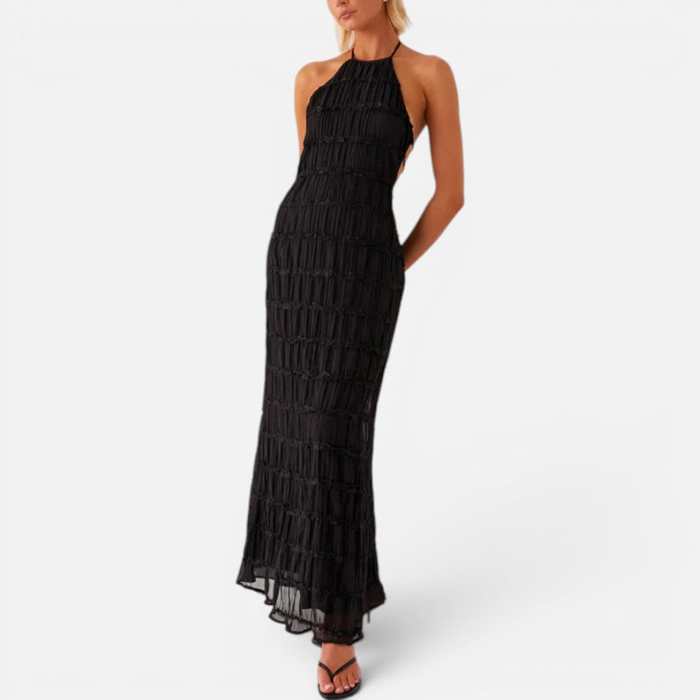 Elegant Pleated Cocktail Dress for Women with Halter Neck Sleeveless Backless Column Flowing Style