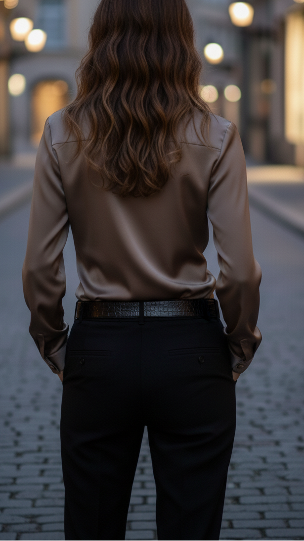 Elegant Brown Satin Going Out Top for Women with V Neck Long Sleeve Wrap Draped Silky Style