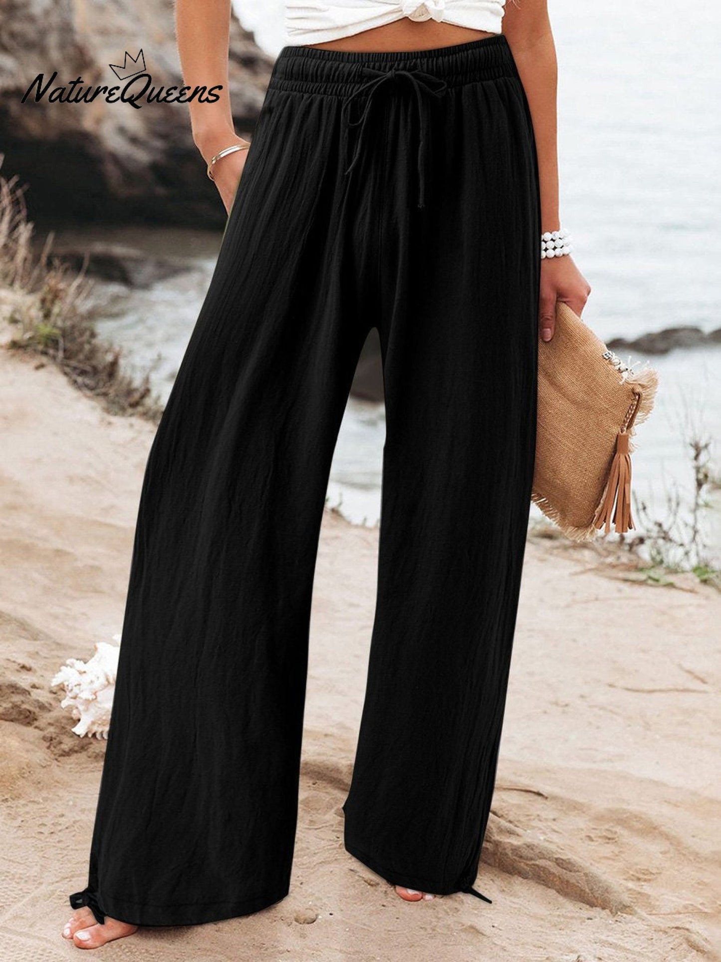 Effortless Linen Wide Leg Pants for Women with Elastic Drawstring High Waist Pocket Flowing Casual Style