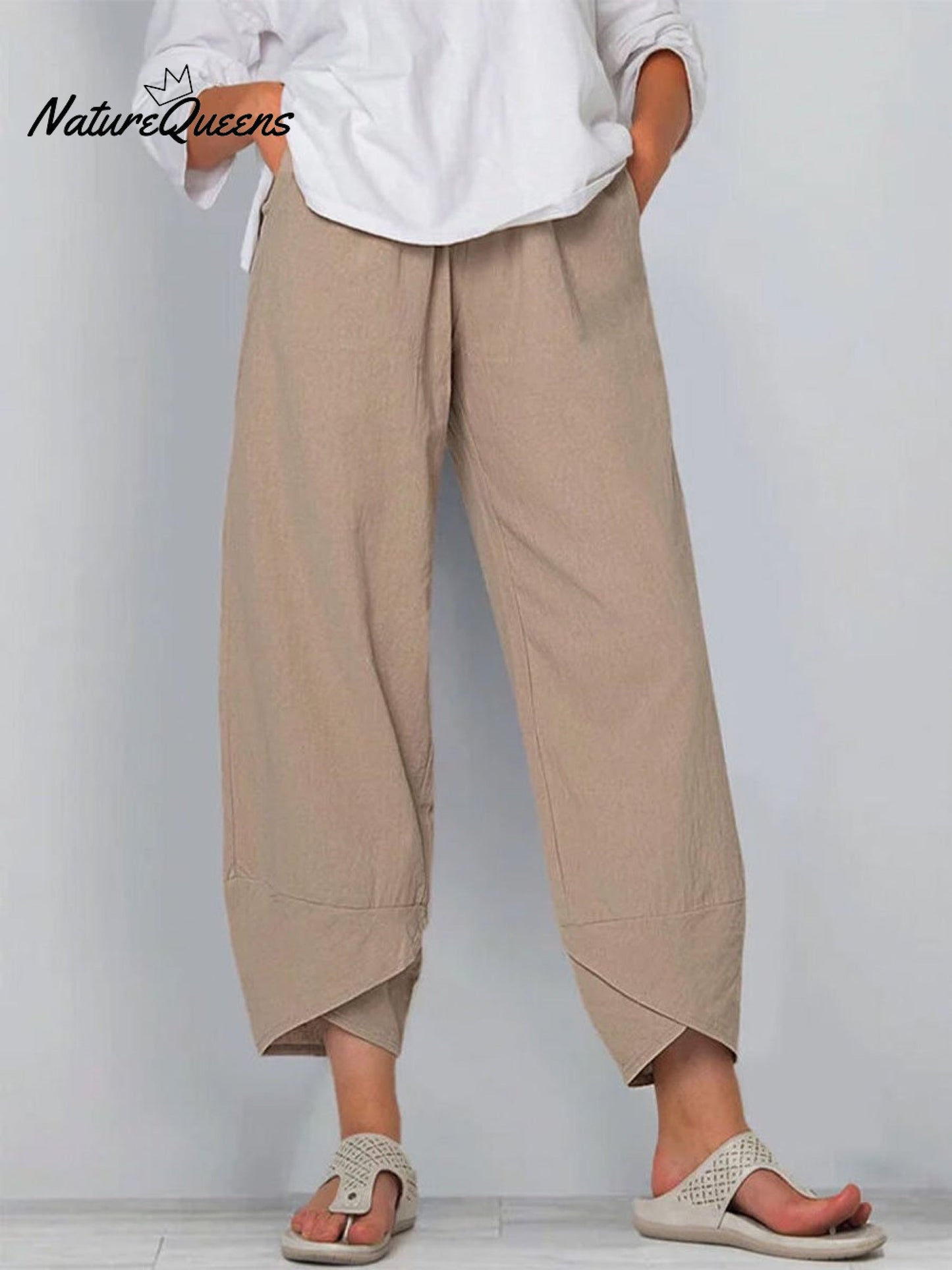 Effortless Khaki Linen Capri Pants for Women with Elastic High Waist Loose Wide Leg Asymmetric Hem Casual Style