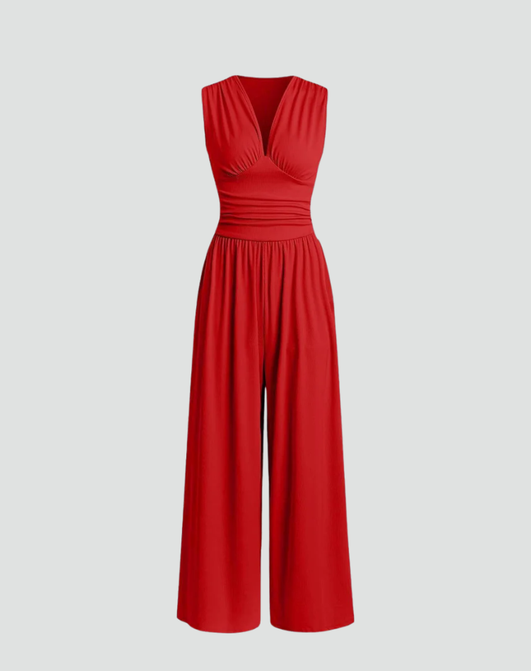 Elegant Wide Leg Jumpsuit for Women with V Neck Sleeveless Ruched Waist Flowing Style