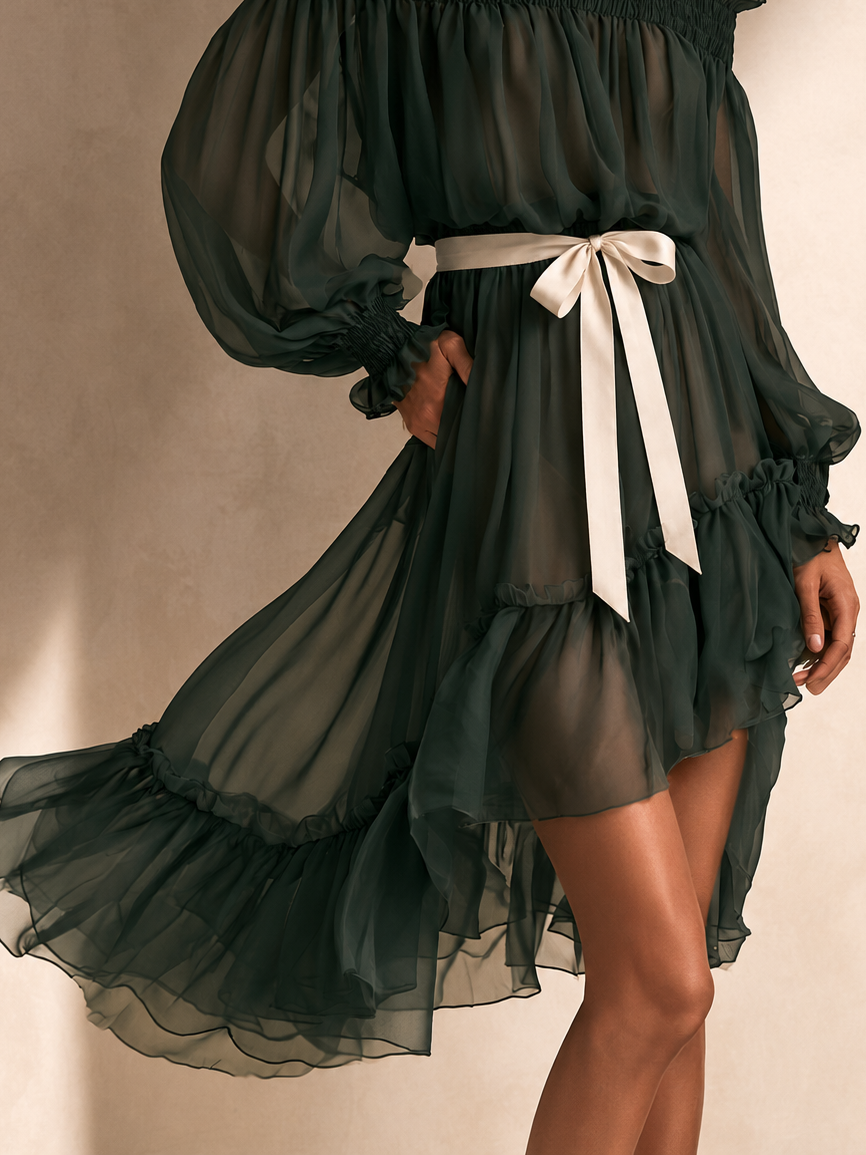 Elegant Emerald Green Dress for Women with Off Shoulder Long Sleeve Chiffon Ruffle High Low Flowing Style