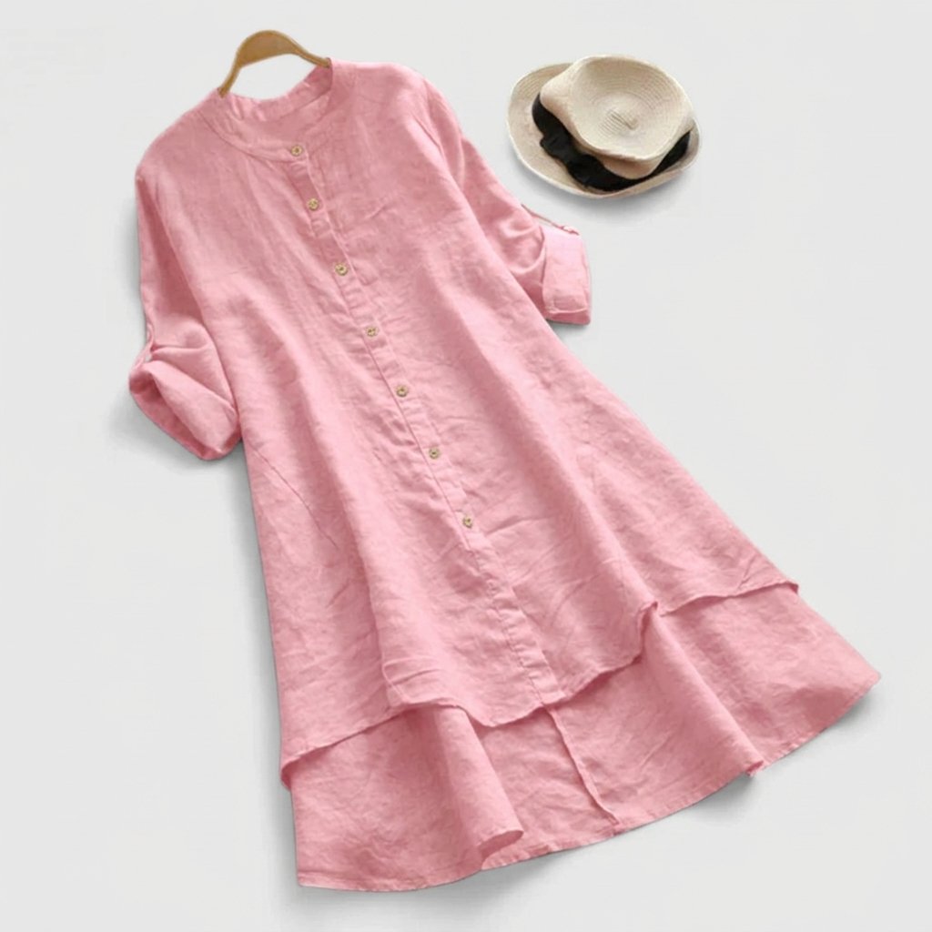 Comfortable Pink Dress for Women with Elbow Sleeve Button Front Tiered Hem Relaxed Style