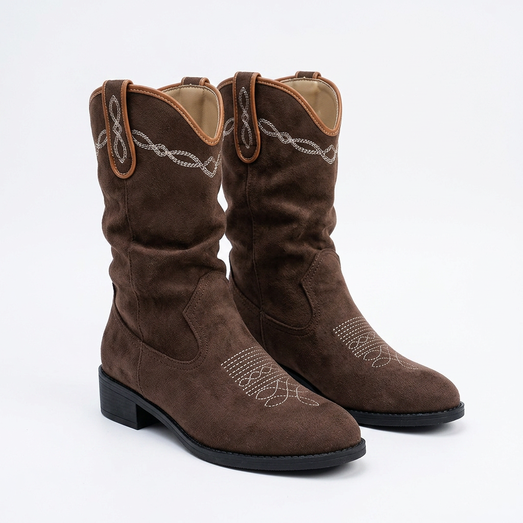 Stylish Suede Cowboy Boots for Women with Embroidered Stitch Slouchy Mid Calf Western Style