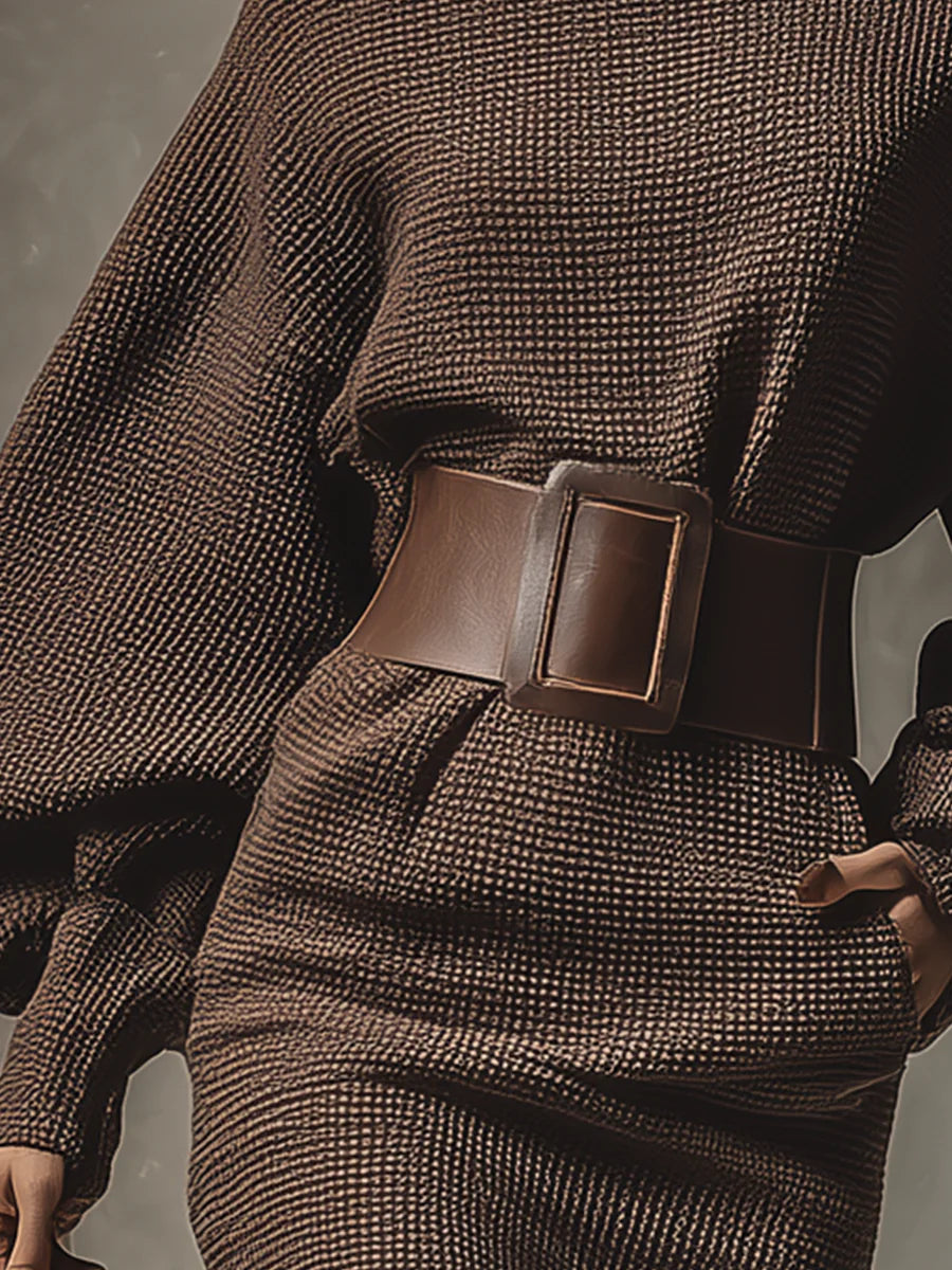 Elegant Brown Belted Sweater Dress for Women with Round Neck Balloon Sleeve Mini Knit Style
