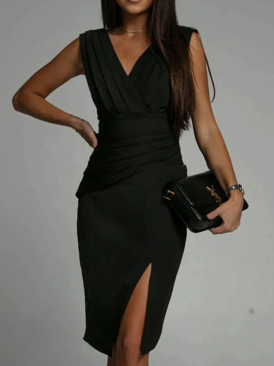 Elegant Cocktail Dress for Women with V Neck Sleeveless Pleated Ruched Slit Formal Party Style