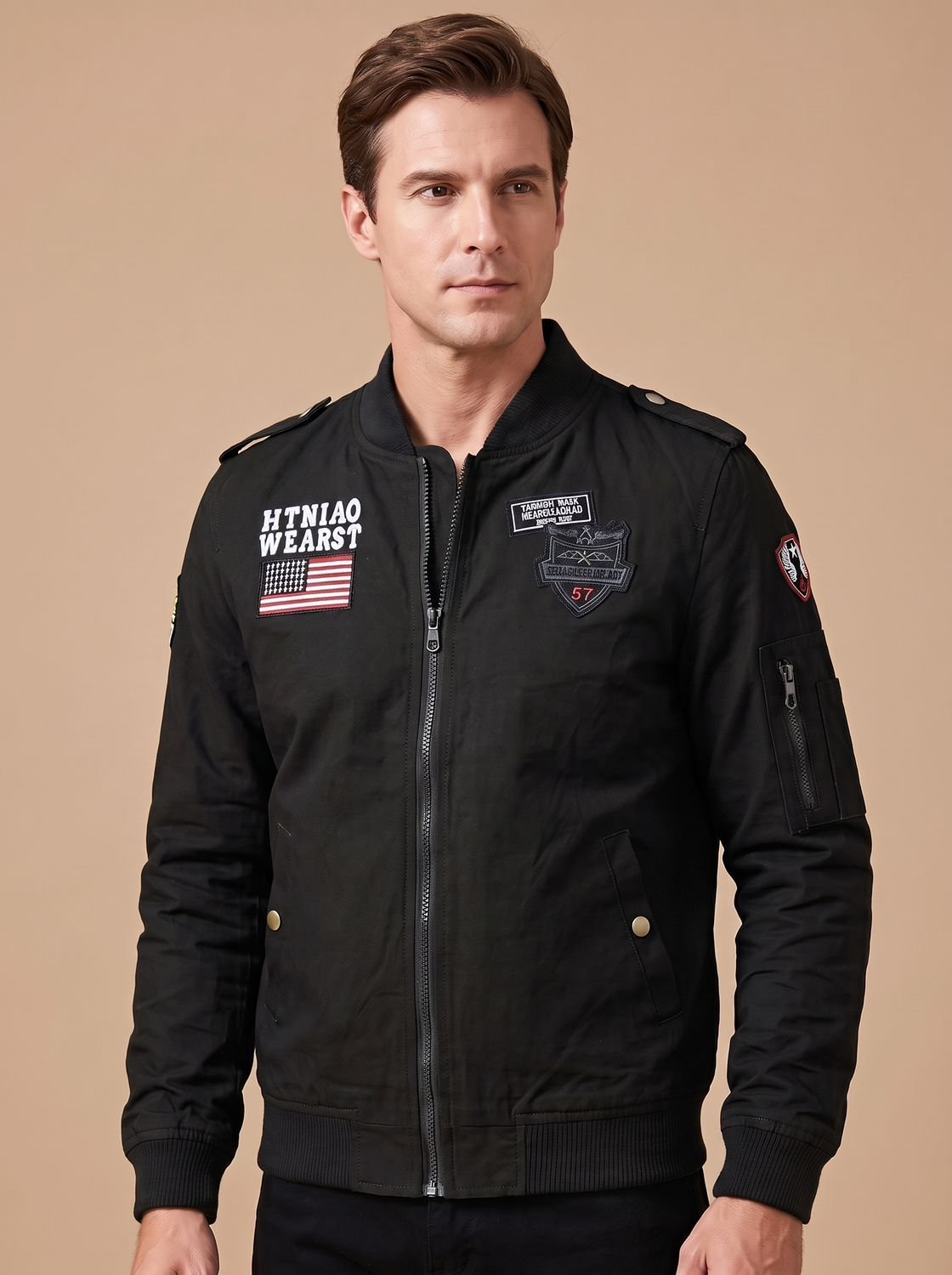 Rugged Military Bomber Jacket for Men with Stand Collar Long Sleeve Patch Zip-Up Ribbed Style