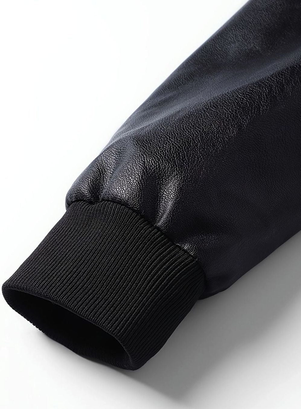 Cozy Black Faux Leather Bomber Jacket for Men with Stand Collar Long Sleeve Full Zip Slim Fit Style