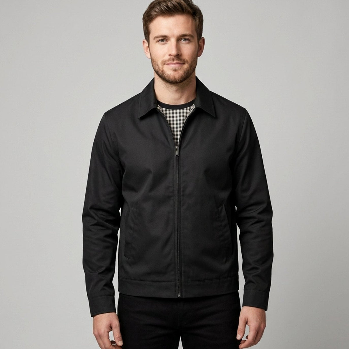 Rugged Harrington Bomber Jacket for Men with Point Collar Long Sleeve Zip Front Check Lining Style