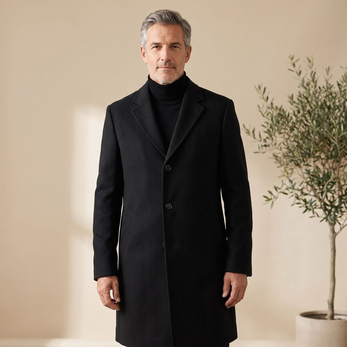 Classic Brown Wool Overcoat for Men with Notched Lapel Button Front Long Sleeve Longline Winter Style