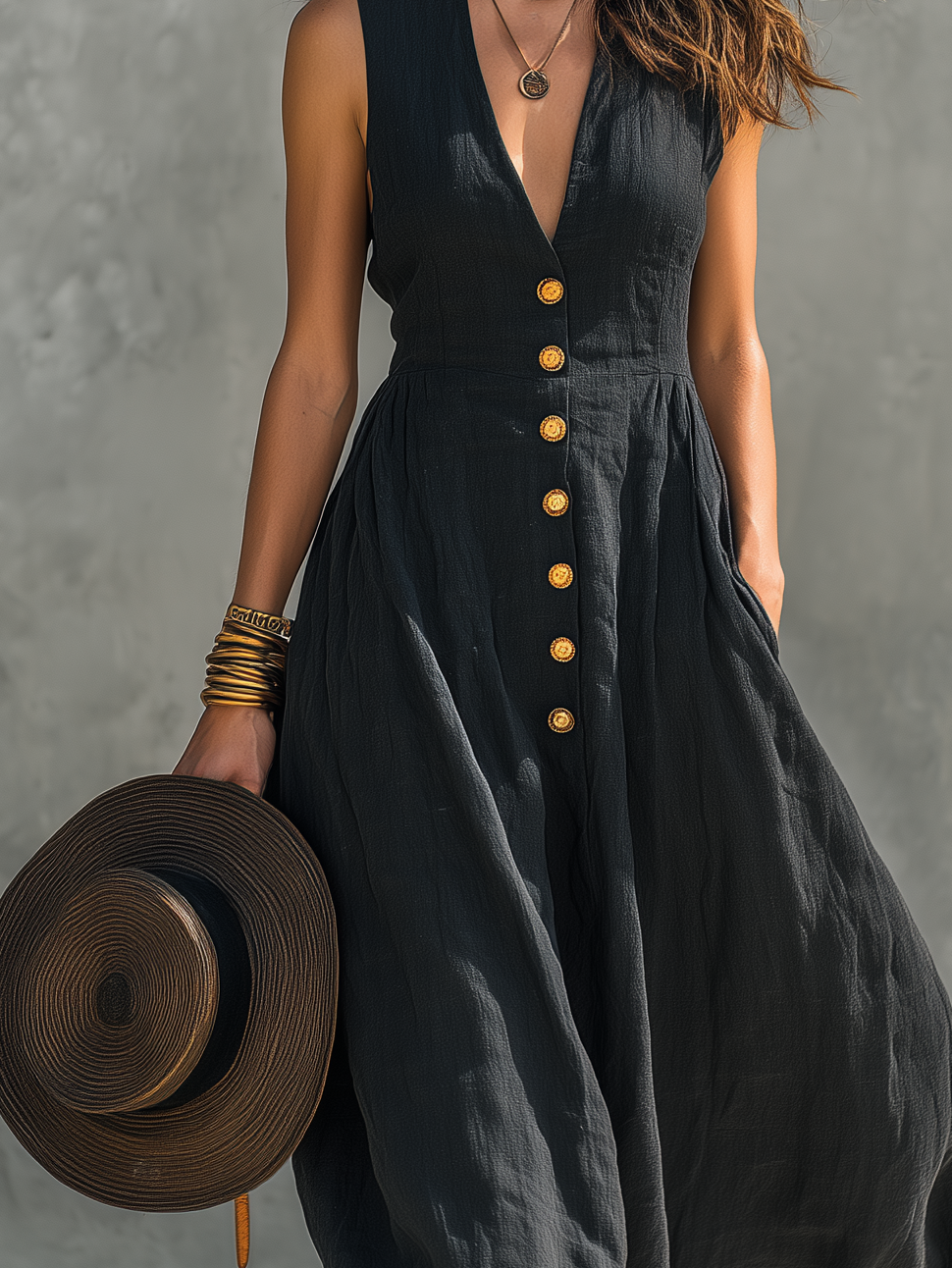 Effortless Black Dress for Women with V Neck Gold Button Front Linen Sleeveless Casual Maxi Style
