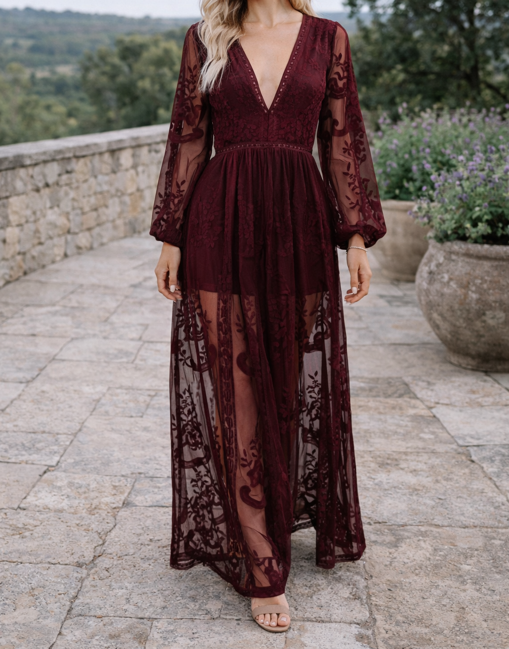 Elegant White Lace Maxi Dress for Women with V Neck Long Sleeve Sheer Slit Fall Wedding Guest Style
