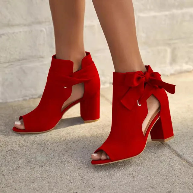 Chic Suede Ankle Boots for Women with Peep Toe Tie Up Chunky Block Heel Style