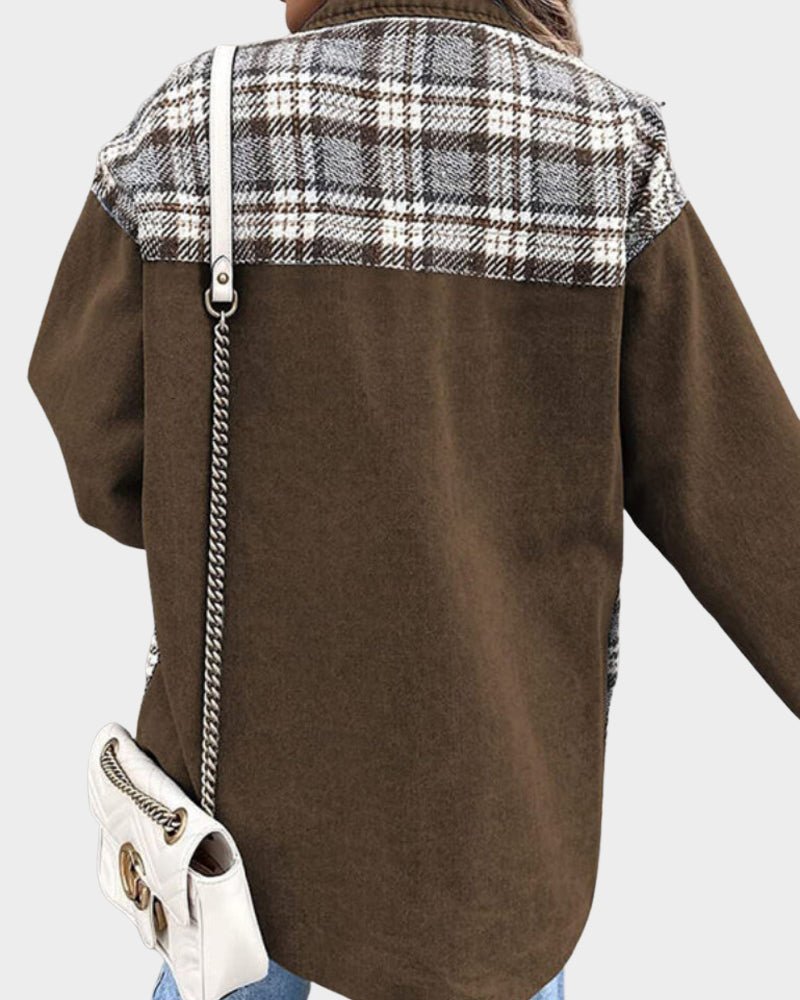 Effortless Denim Jacket for Women with Spread Collar Long Sleeve Plaid Panel Oversized Style