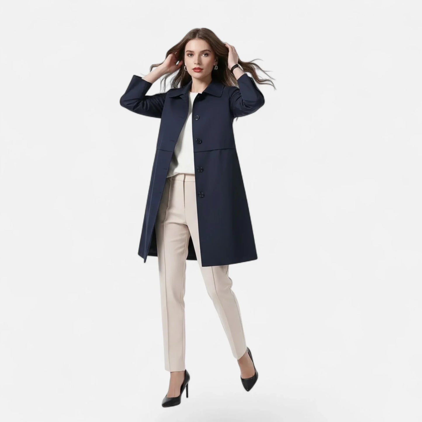 Elegant Wool Trench Coat for Women with Point Collar Long Sleeve Double Breasted Belted Style