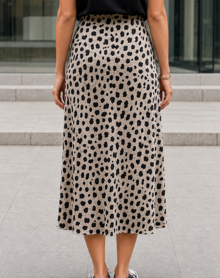 Elegant Leopard Print Satin Midi Skirt for Women with High Waist Bias Cut Flowing Style