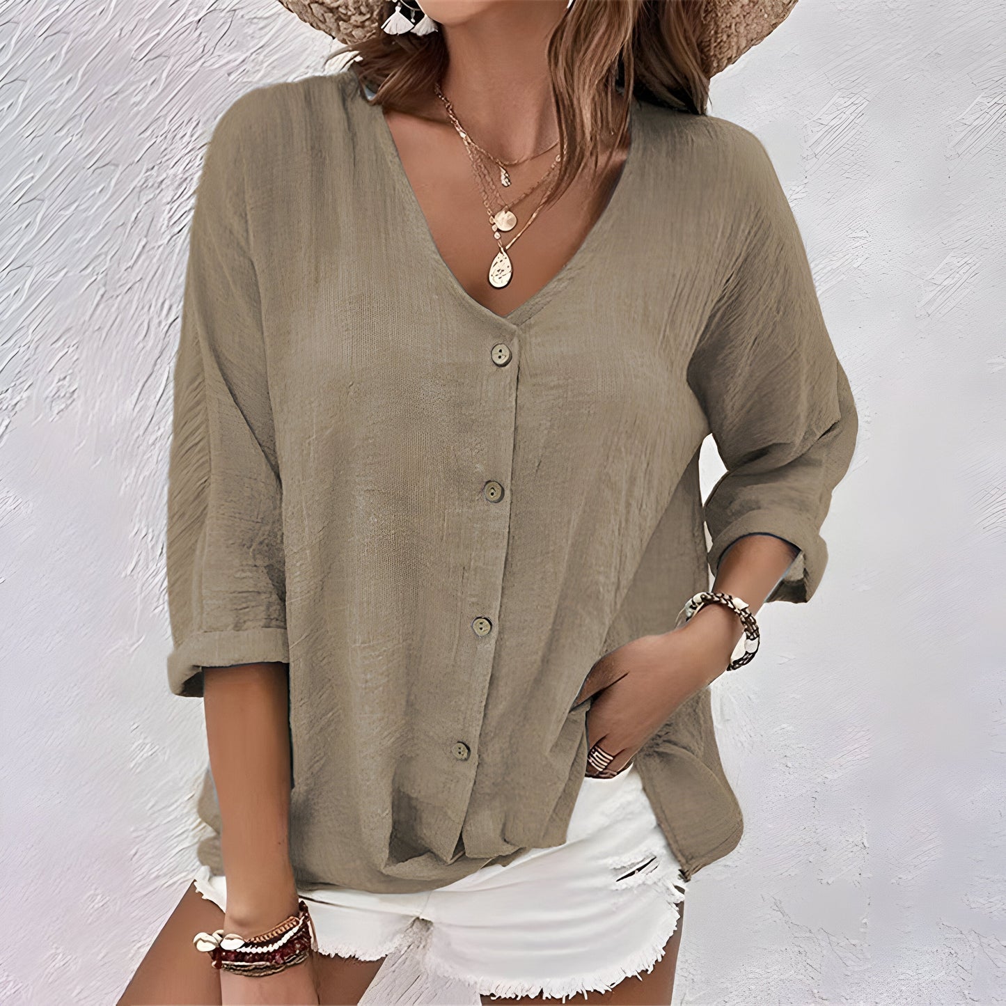 Comfortable Henley Blouses for Women with V Neck Button Elbow Sleeve Relaxed Soft Knit Style