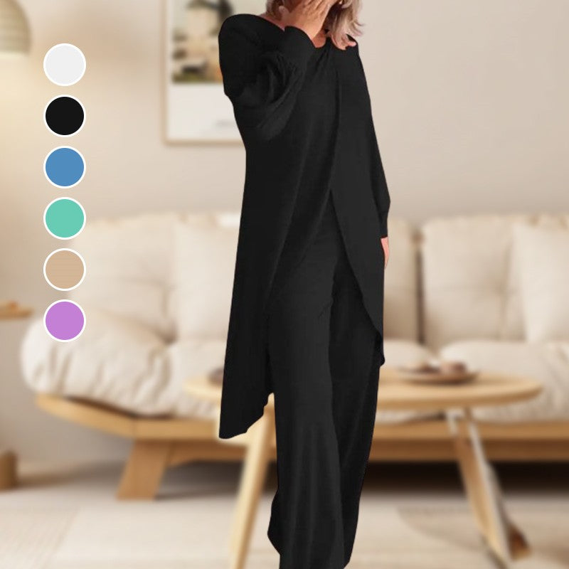 Effortless Tunic Two Piece Set for Women with V Neck Batwing Sleeve Draped Asymmetrical Style