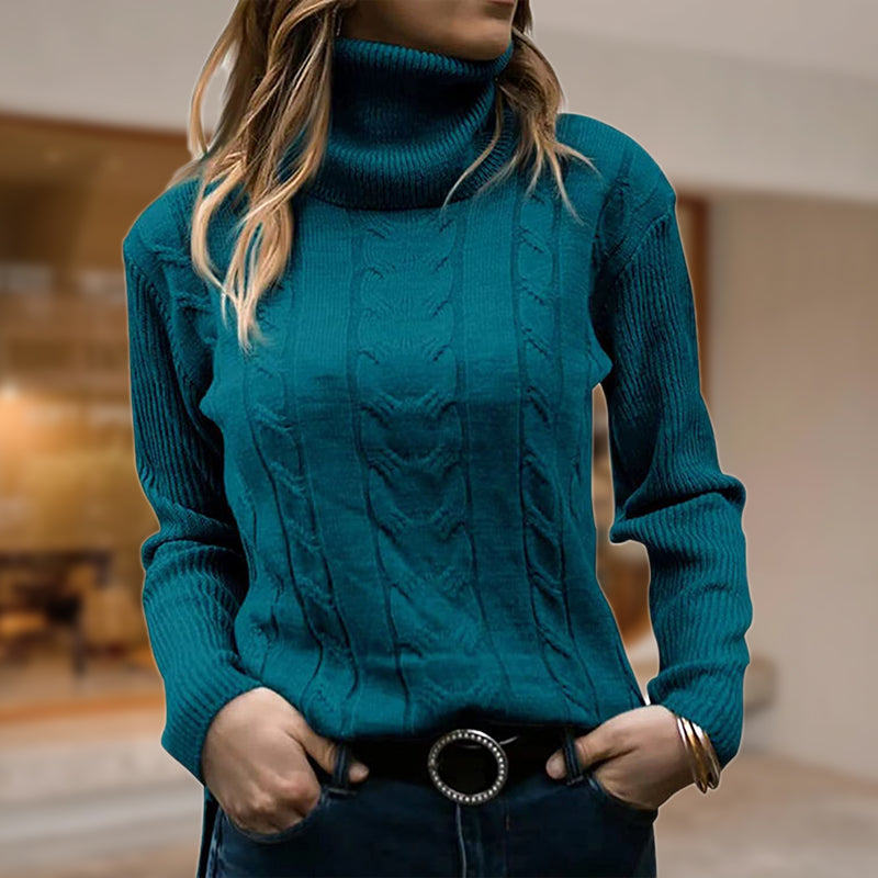 Comfortable Cable Knit Sweatshirt for Women with Turtleneck Long Sleeve Ribbed Fitted Style