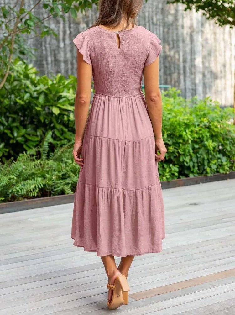 Comfortable Pink Dress for Women with Flutter Sleeve Split Neck Smocked Waist Casual Style